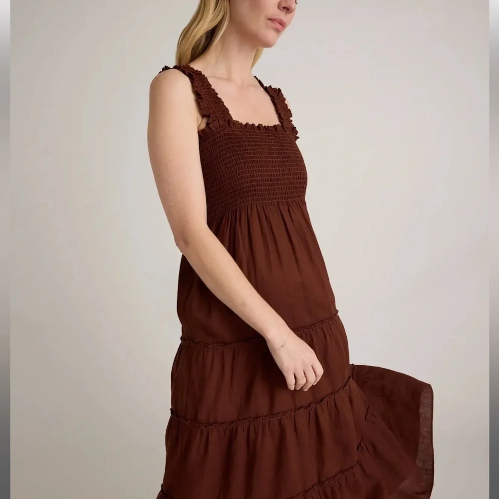 QUINCE european linen smocked midi dress chocolate brown nap dress size XL - Picture 2 of 15